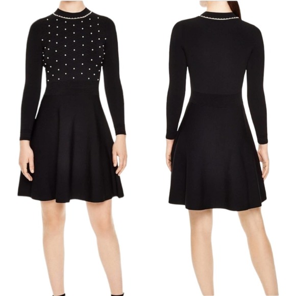 Sandro Paris Vanessa Black Pearl Embellished Fit & Flare Dress S NEW Noir Knit - Picture 1 of 13